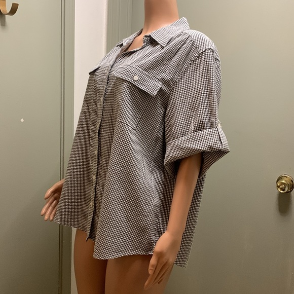 C. D. Daniels Short Sleeve black and white small checkered Button Down Blouse - Picture 12 of 17